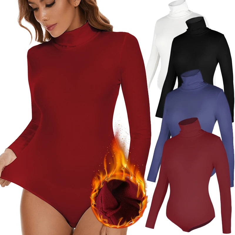 Women's High Collar Thermal Bodysuit, Long Sleeve Compression Top