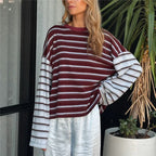 VacationGrabs Women Patchwork Striped Long Sleeve T‑Shirt Crew Neck Oversized Drop Shoulder Cropped Loose Casual Street Top