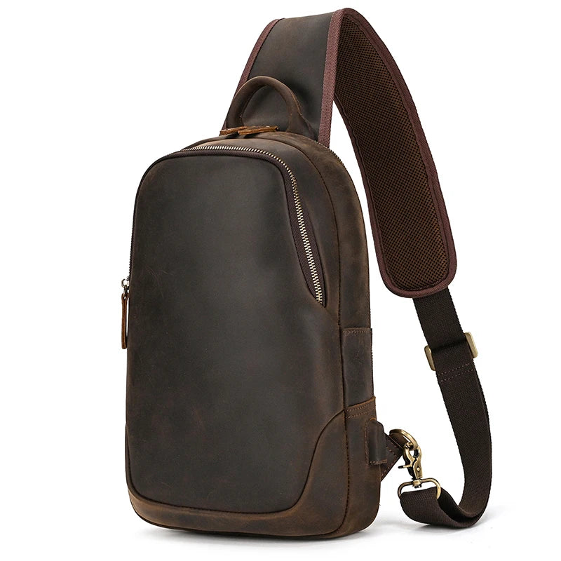 Leather Chest Bag Usb Charging Port  Men's Cross Body Bag Genuine Leather Chest Pack Single Shoulder Bag For Man Male Vintage