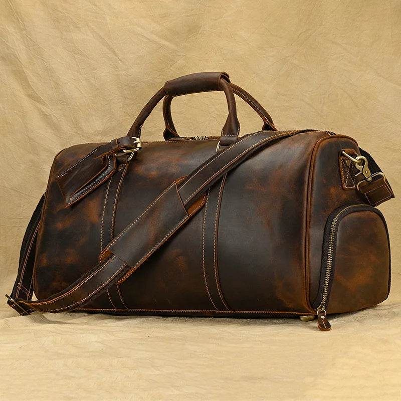 Vintage Leather Travel Duffle Bag With Shoe Pocket Weekend Bag - VacationGrabs