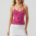 VacationGrabs Women Sequin Chiffon Halter Top Fashion Mesh Splicing Sleeveless Backless Split Slim Fit Tops Lady Summer Beach Top