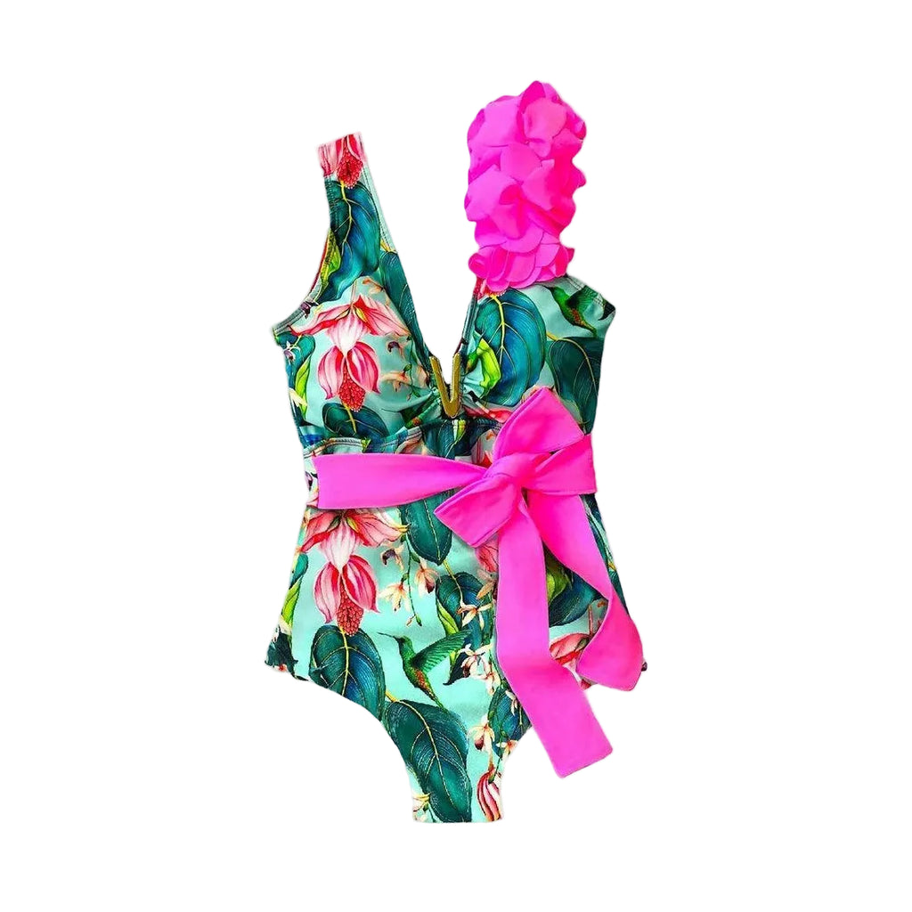 Ruffle Print Floral One Piece Slimming Swimwear - VacationGrabs