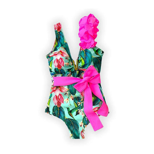 Ruffle Print Floral One Piece Slimming Swimwear - VacationGrabs