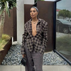 VacationGrabs Women Sexy Blouses Vintage Contrast Plaid V-Neck Slim Shirt Top Fashion Y2k Party Look New High Waisted Female Shirt Top