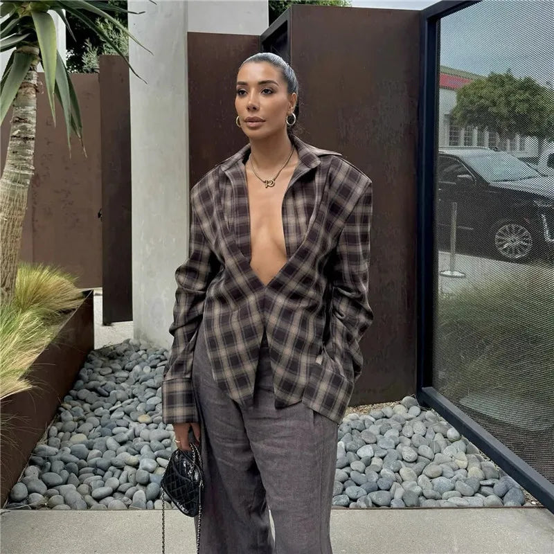 VacationGrabs Women Sexy Blouses Vintage Contrast Plaid V-Neck Slim Shirt Top Fashion Y2k Party Look New High Waisted Female Shirt Top