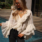 VacationGrabs Elegant Women Ruffle Sheer Blouse Casual Loose V Neck Long Sleeve Shirts for Spring Summer Vintage Streetwear