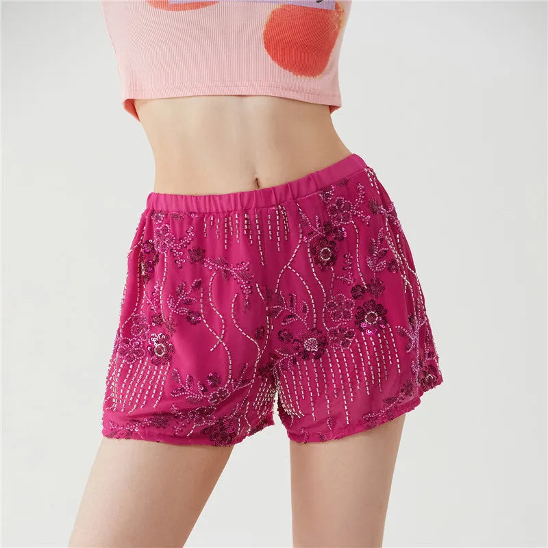VacationGrabs Women Sequin Mini Shorts Y2K Low Rise Sparkle Floral Bead Embellished Bottoms Teen Girls Cute Summer Trendy Shorts