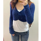 VacationGrabs Women Y2K Cable Knit Cropped Bolero Cardigan V Neck Button Long Sleeve Super Short Knit Shrug Sweater Outerwear Tops