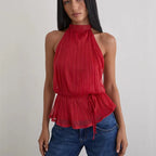 VacationGrabs Y2K Summer Backless Halter Neck Crop Tops Sleeveless Tie Up Open Back Shirts Vest Women's Chiffon Pleated Tank Top