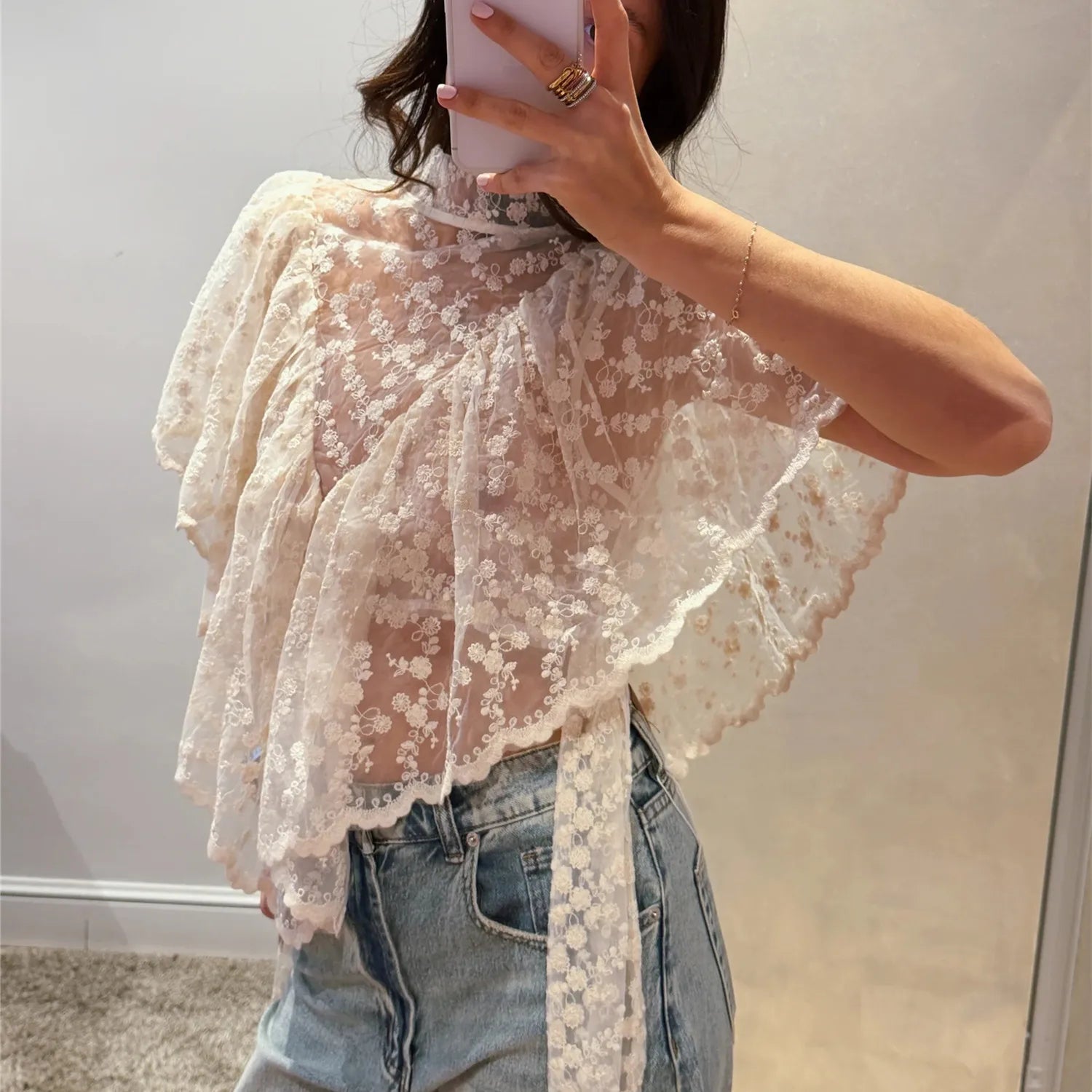 VacationGrabs Y2K Fairy Mesh See Through Casual High Neck Looseshawls Women Floral Lace Embroidery Shawl Tops Asymmetrical Streetwear