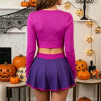 VacationGrabs Cartoon Daphne Cosplay Two Piece Outfit Long Sleeve Crop Top Pleated Mini Skirt Women Halloween Role Play Costume