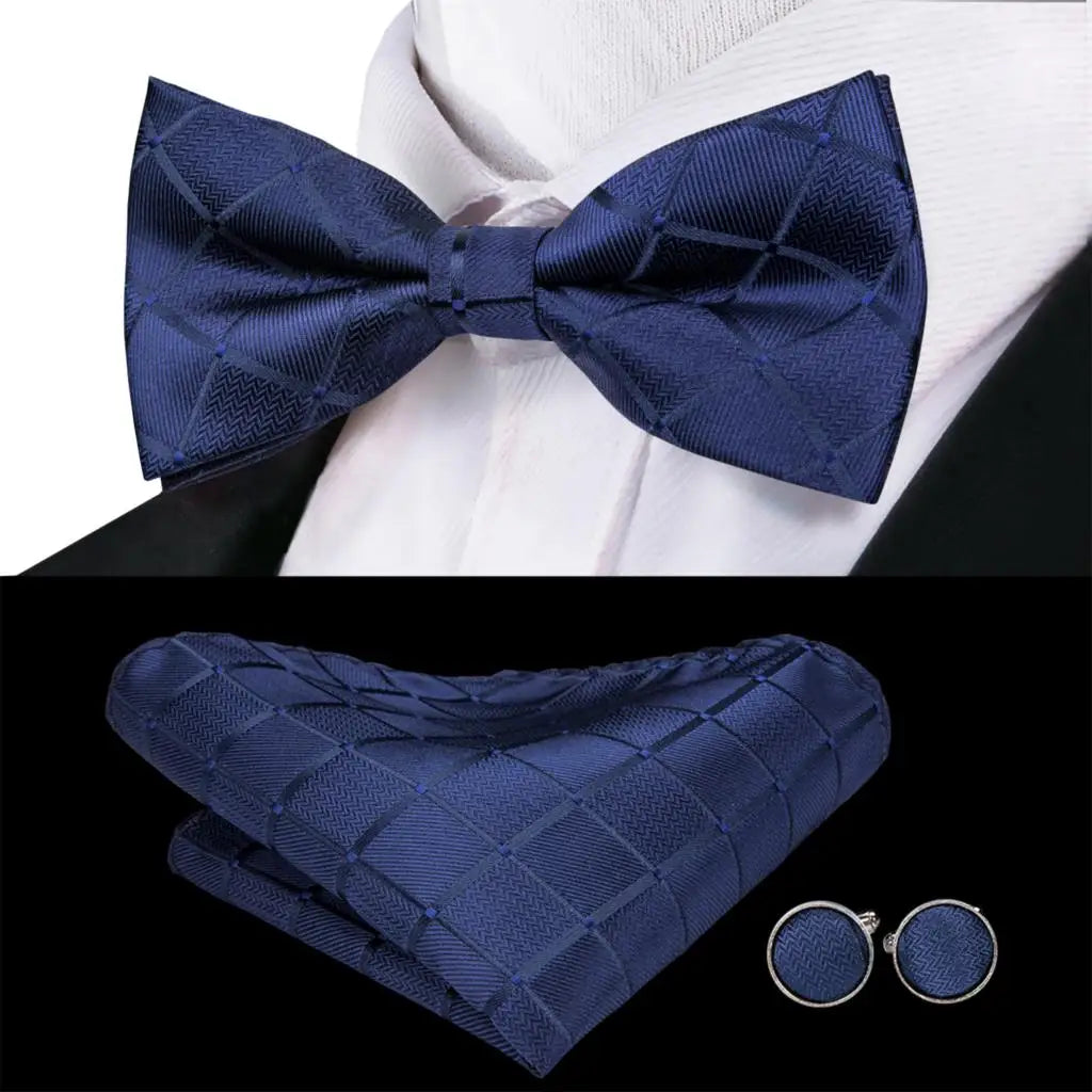 Navy blue bow tie silk set with pocket square and cufflinks