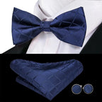 Navy blue bow tie silk set with pocket square and cufflinks