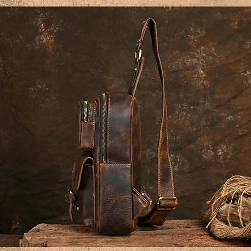 Men's Genuine Leather Chest Bag Leather Big Capacity Crossbody Bag Casual Male Riding Messenger iPad Cell Phone Sling Bag