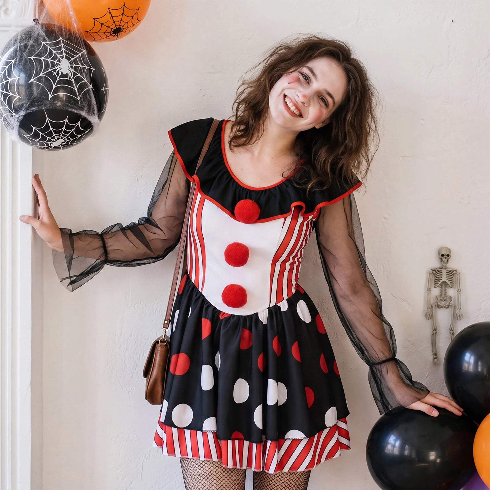 VacationGrabs Halloween Clown Cosplay Dress Women Mesh Long Sleeve Ruffle Neck Stripe Polka Dot A Line Short Dress Party  Club Costume
