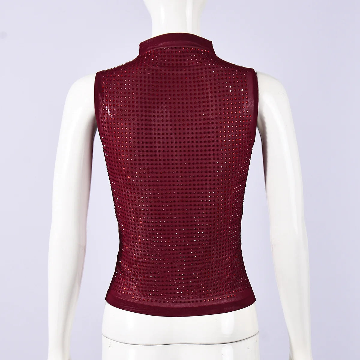 VacationGrabs Women Sequin Mesh Tank Tops Turtle Neck Sleeveless Rhinestone Decor Slim Fit Summer Vest Shirts Sparkly Party Clubwear