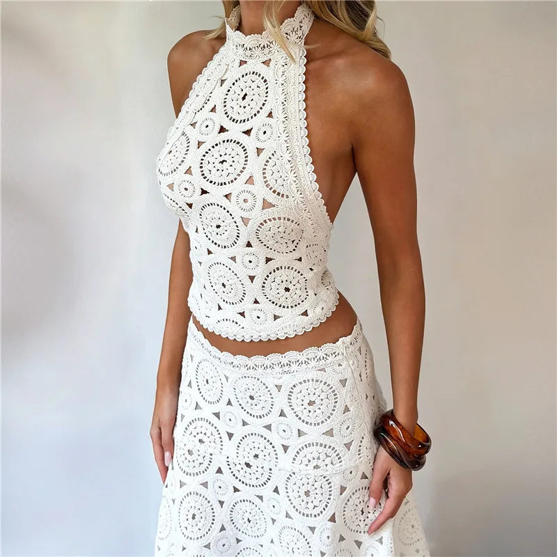VacationGrabs Crochet Lace Two Piece Set Women Halter Crop Top Asymmetrical Midi Skirt Hollow Out Boho Beach Vacation Matching Outfit