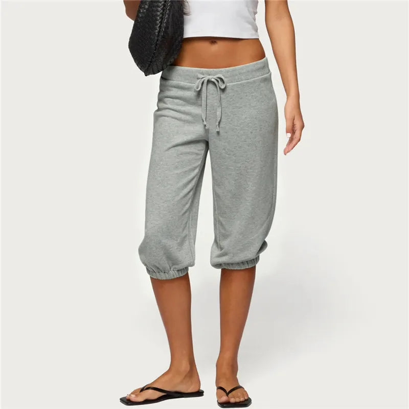 Women Vintage Y2K Low Waist Capri Sweatpants Drawstring Loose 3/4 Length Cropped Casual Streetwear Solid Color Loungewear Pants