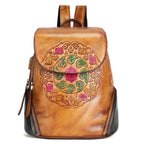 Retro Embossed Floral Backpack For Women Genuine Leather - VacationGrabs