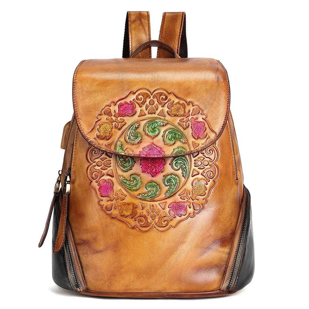 Retro Embossed Floral Backpack For Women Genuine Leather - VacationGrabs
