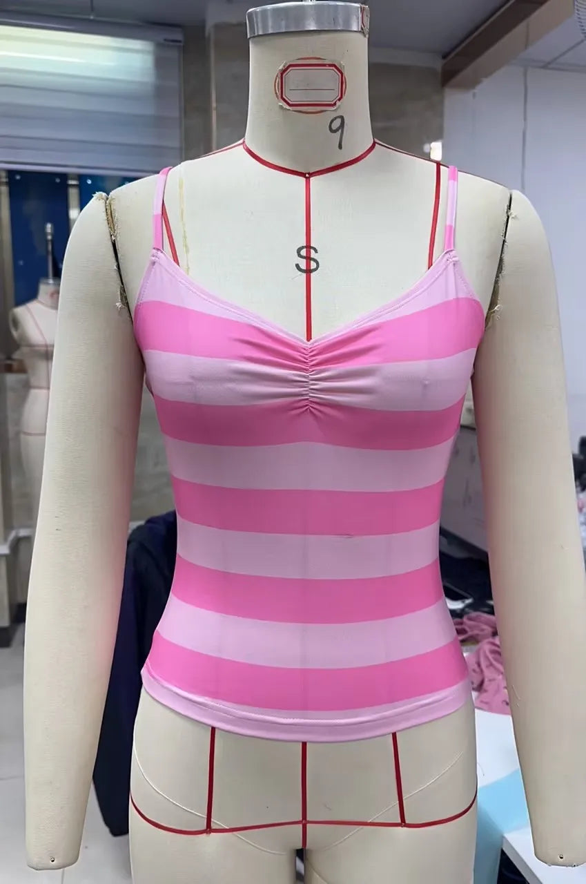 VacationGrabs Cute Stripe Camisole Top Summer Women Sweetheart Neck Spaghetti Strap Slim Low Back Crop Top Y2K Aesthetic Streetwear