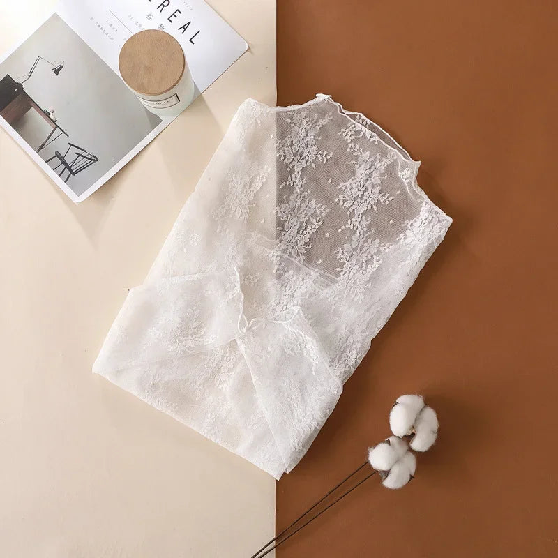 Floral Lace Layering Shirt Long Sleeve See Thru Mesh