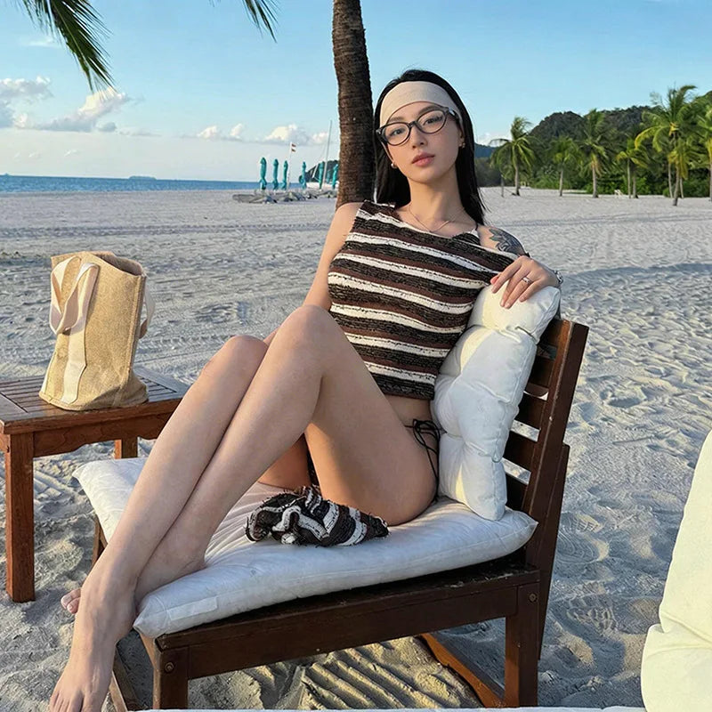 Striped 4-Piece Halter Bikini Set, Tummy Control Shorts