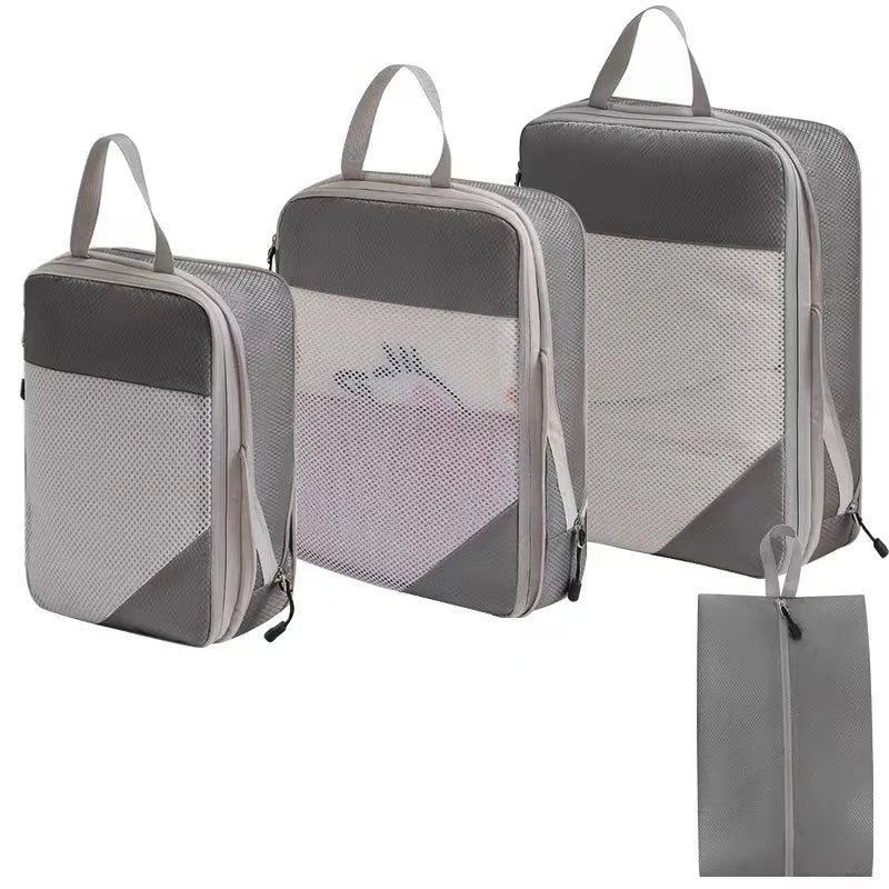 Gray compression packing cubes for travel, durable material, set of three