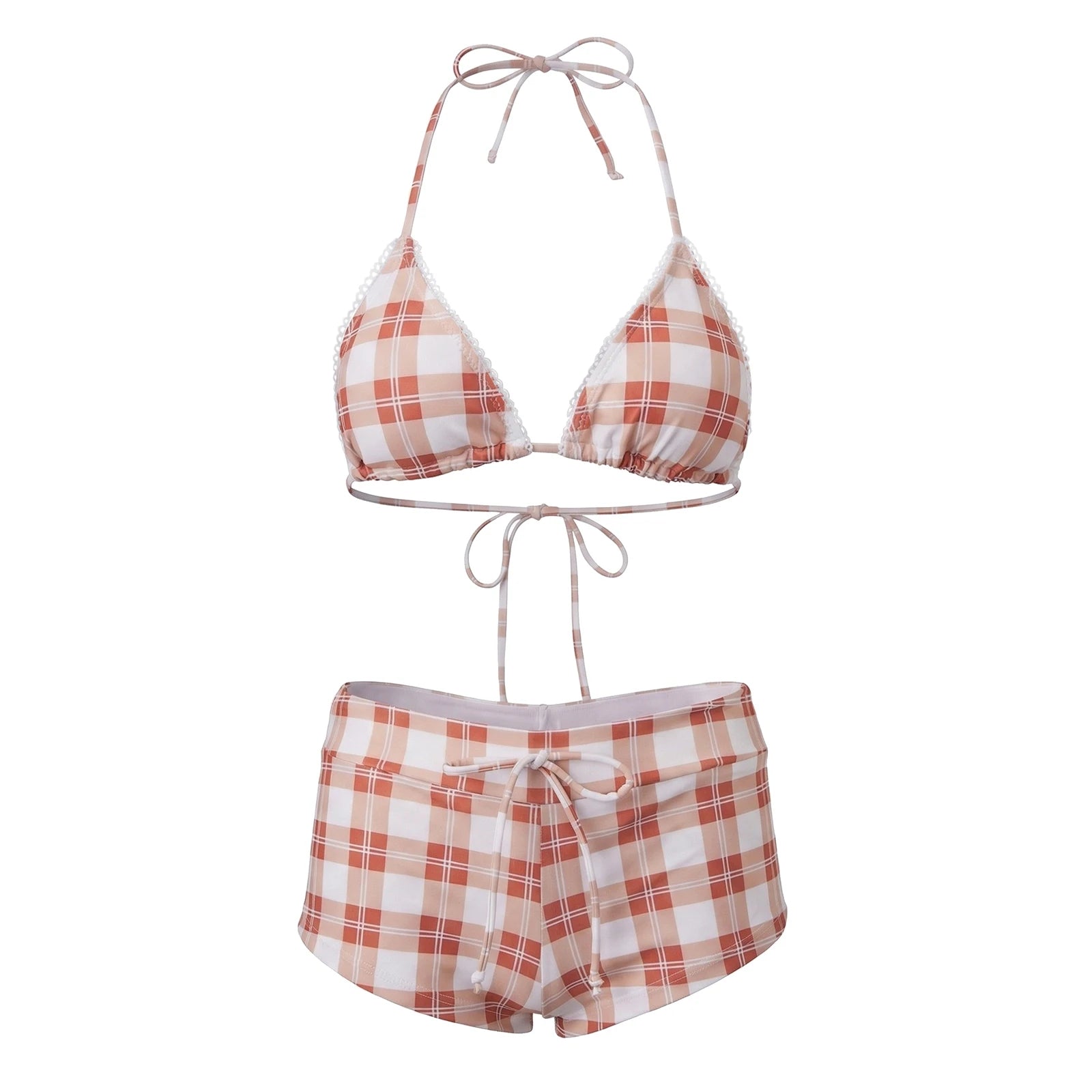 VacationGrabs Women's 2 Piece Bikini Set Fashion Plaid Print Sleeveless Halter Neck Triangle Tops and Low Waist Boyshorts Bathing Suit