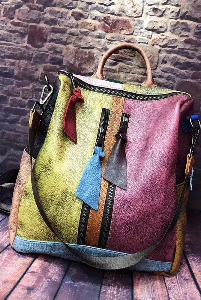 Oversized Women Vintage Leather Backpack Travel Casual Retro Patchwork