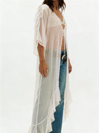 Women Lace Mesh Tie Front Maxi Top Ruffled Long Sleeve Sheer Cardigan See Through Flowy Kimono Cover Up Shirt