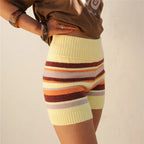 VacationGrabs Y2K Retro Color Block Striped Knit Shorts High Elastic Ribbed Waist Cuff Tight Fitting Streetwear Vacation Short Pants