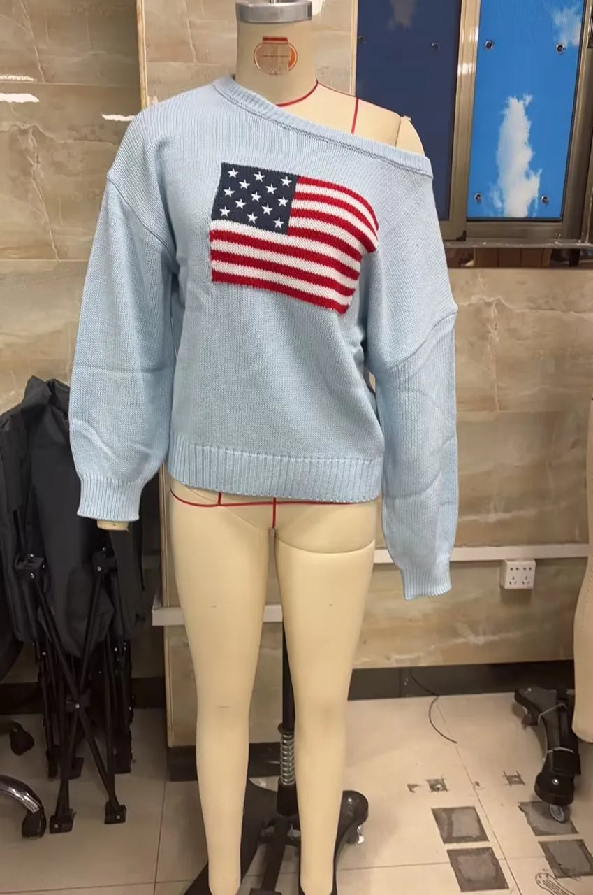 VacationGrabs Off Shoulder American Flag Knit Sweater for Women Long Sleeve Oversized Fit Casual Streetwear Pullover for Fall Winter