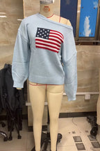 VacationGrabs Off Shoulder American Flag Knit Sweater for Women Long Sleeve Oversized Fit Casual Streetwear Pullover for Fall Winter
