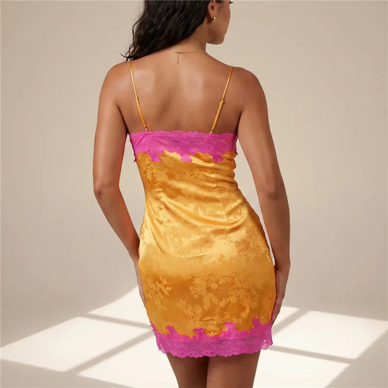 Coquette Contrast Lace Satin Jacquard Cami Mini Dress Deep V Slim Bodycon Micro Slip Dress Women Summer Beach Club Party Dress