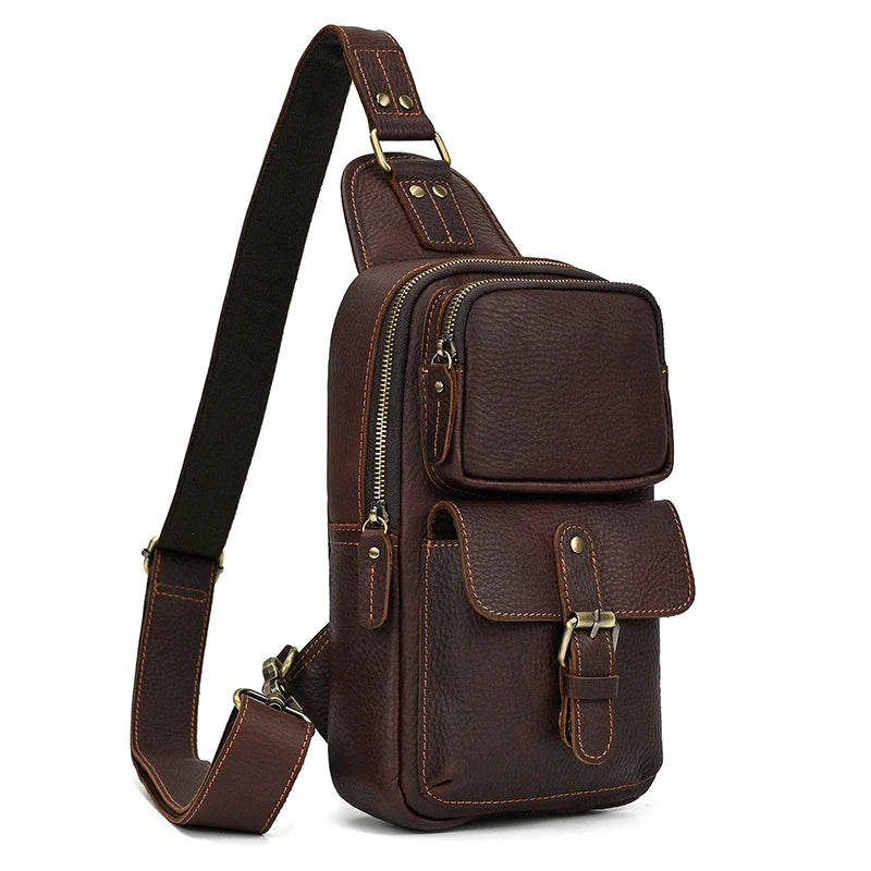 Men's Genuine Leather Chest Bag Leather Big Capacity Crossbody Bag Casual Male Riding Messenger iPad Cell Phone Sling Bag