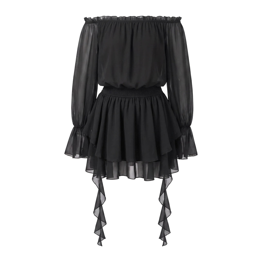 VacationGrabs Elegant Off Shoulder Flare Long Sleeve Chiffon Mini Dress Women Elastic Waist Tiered Ruffle Beach Vacation Short Dress