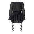 VacationGrabs Elegant Off Shoulder Flare Long Sleeve Chiffon Mini Dress Women Elastic Waist Tiered Ruffle Beach Vacation Short Dress