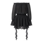 VacationGrabs Elegant Off Shoulder Flare Long Sleeve Chiffon Mini Dress Women Elastic Waist Tiered Ruffle Beach Vacation Short Dress