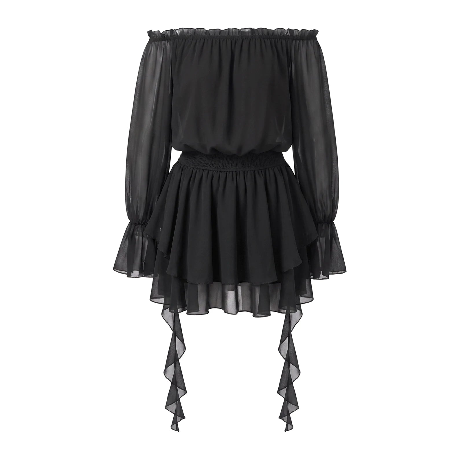 VacationGrabs Elegant Off Shoulder Flare Long Sleeve Chiffon Mini Dress Women Elastic Waist Tiered Ruffle Beach Vacation Short Dress