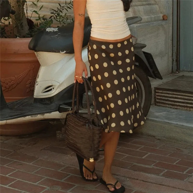 VacationGrabs Women's Boho Polka Dot Midi Skirt High Waist Ruffle Hem Silky Satin Flared Skirt Beach Vacation Summer Casual Skirt