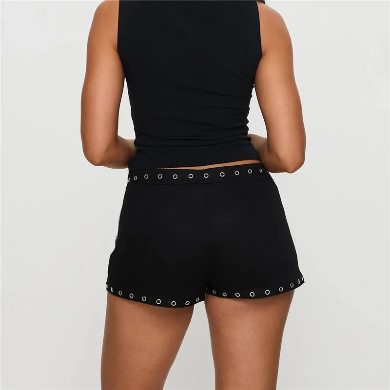 VacationGrabs Women Low Waist Studs Fold Over Micro Short Punk Y2K Casual Mini Bottoms Shorts Pj Trendy Skinny Yoga Pajamas