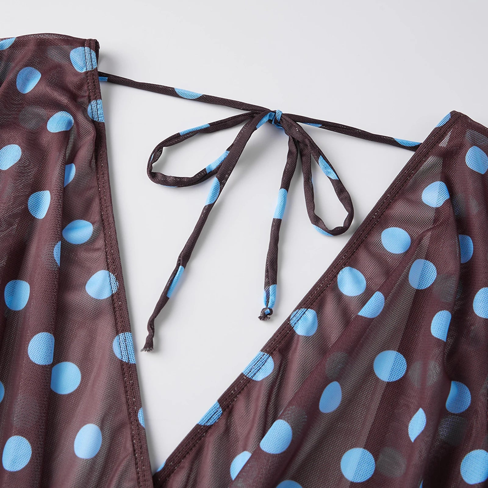 VacationGrabs 3Pcs Polka Dot Bikini Set Women Triangle Halter Tie Bikini Swimsuit + Long Sleeve Sheer Mesh Cover Up Dress Bathing Suit