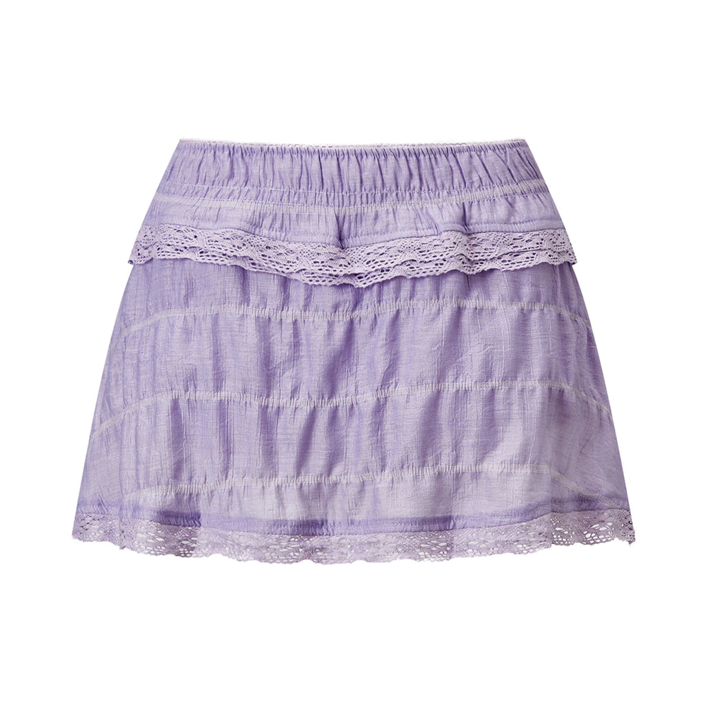 VacationGrabs Women Lace Ruffle Tiered Mini Skort Elastic Waist Low Rise Flowy Micro Skirt Y2K Summer Casual Skirt With Inner Shorts