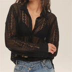 VacationGrabs Vintage Long Sleeve Blouses Summer Casual Elegant Ladies Blusas Boho Beach Hollow Out Lace Blouse Shirt for Women Top