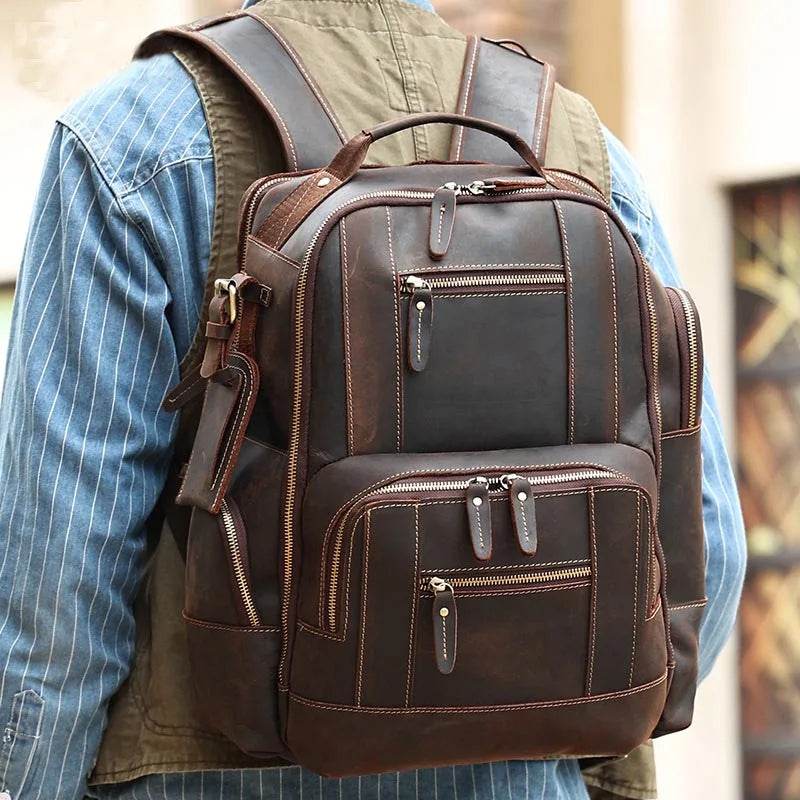 Vintage Crazy Horse Leather Backpack Men Travel Laptop School Bag - VacationGrabs