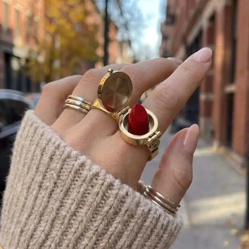 Unique Hidden Lipstick Stainless Steel Open Ring for Women 18K Waterproof Lip Balm Holder Ring Party Daily Jewelry Creative Gift