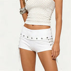 VacationGrabs Y2K Sexy Women Low Rise Lace Up Mini Shorts Foldover Waist Eyelet Detail Micro Booty Shorts Clubwear Party Casual Shorts