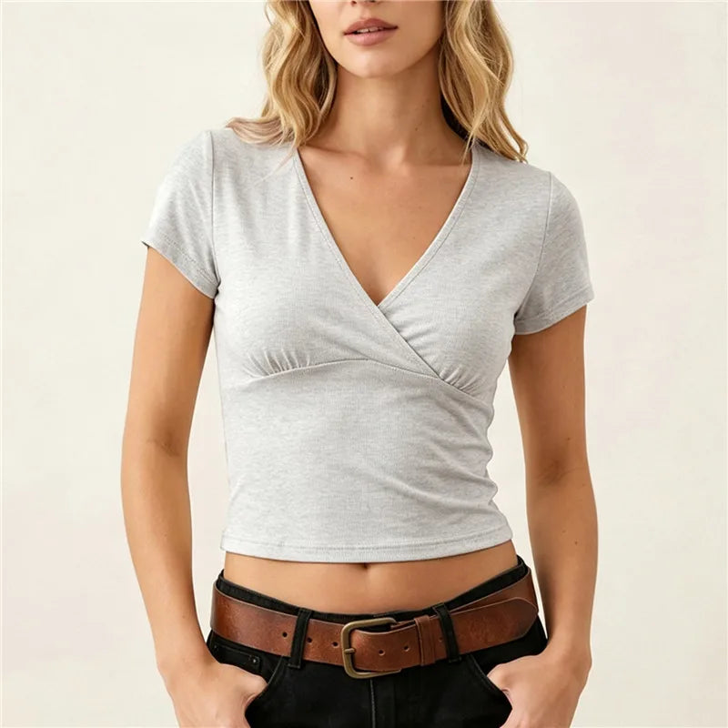 VacationGrabs Solid Color Wrap V Neck Short Sleeve Crop T Shirt Women Stretchy Slim Waist Ruched Cropped Top Casual Summer Basic Tee