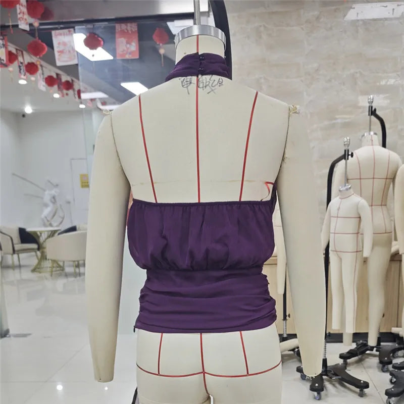 VacationGrabs Elegant Plum Purple Halter Top Women Open Back Sleeveless Blouse Tie Waist Flowy Top For Office Commute And Casual Wear